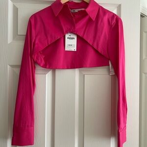 Zara Women's Bright Pink Cropped Button-Down Shirt